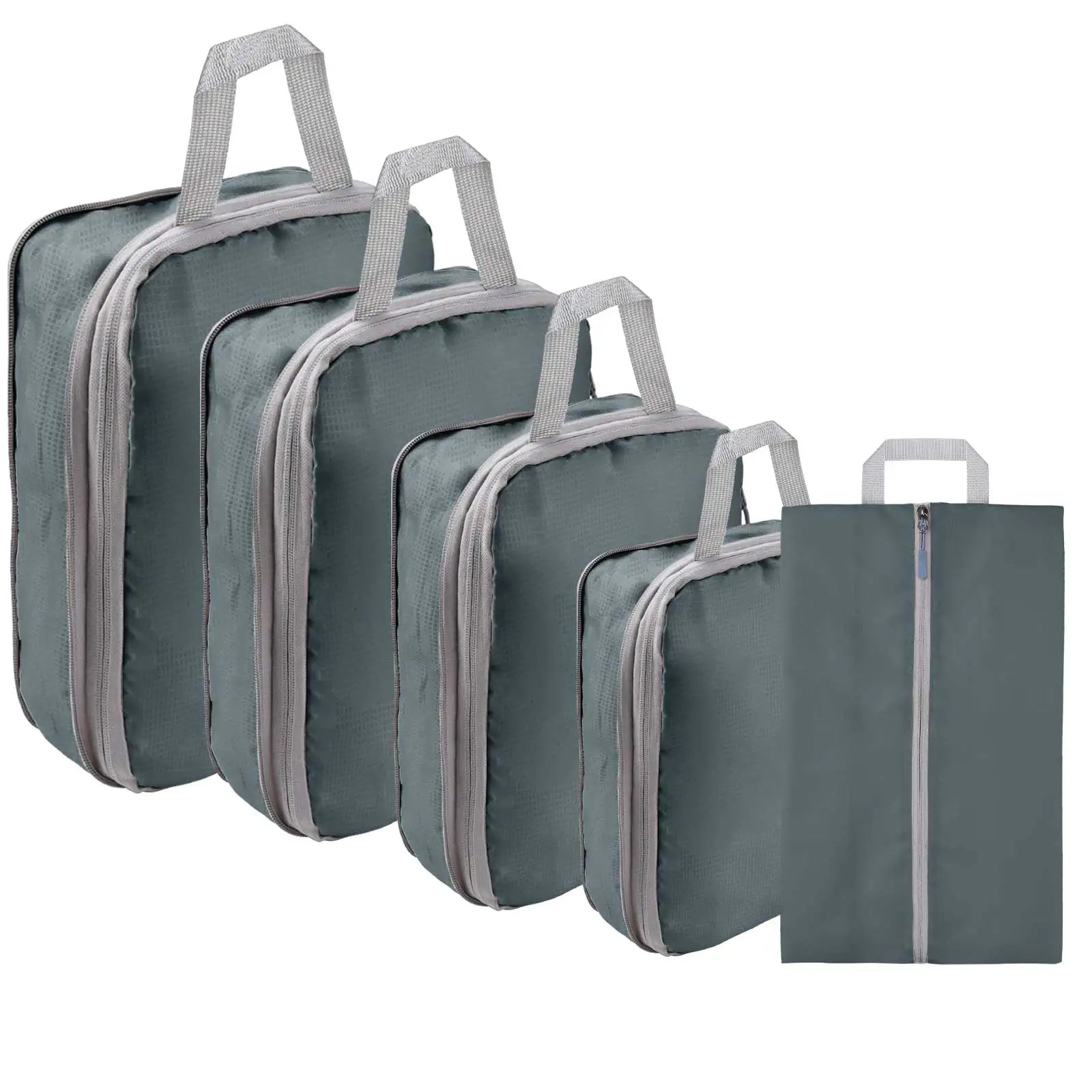 Teal green compression packing cubes set with gray zippers and handles, including five pieces and a matching shoe bag for organized luggage storage
